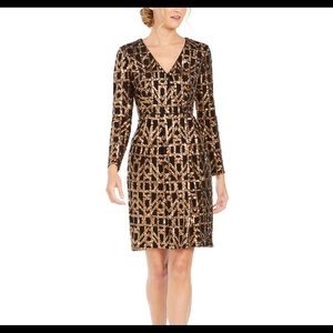Calvin Klein Geo Sequined Black Gold Sheath Dress